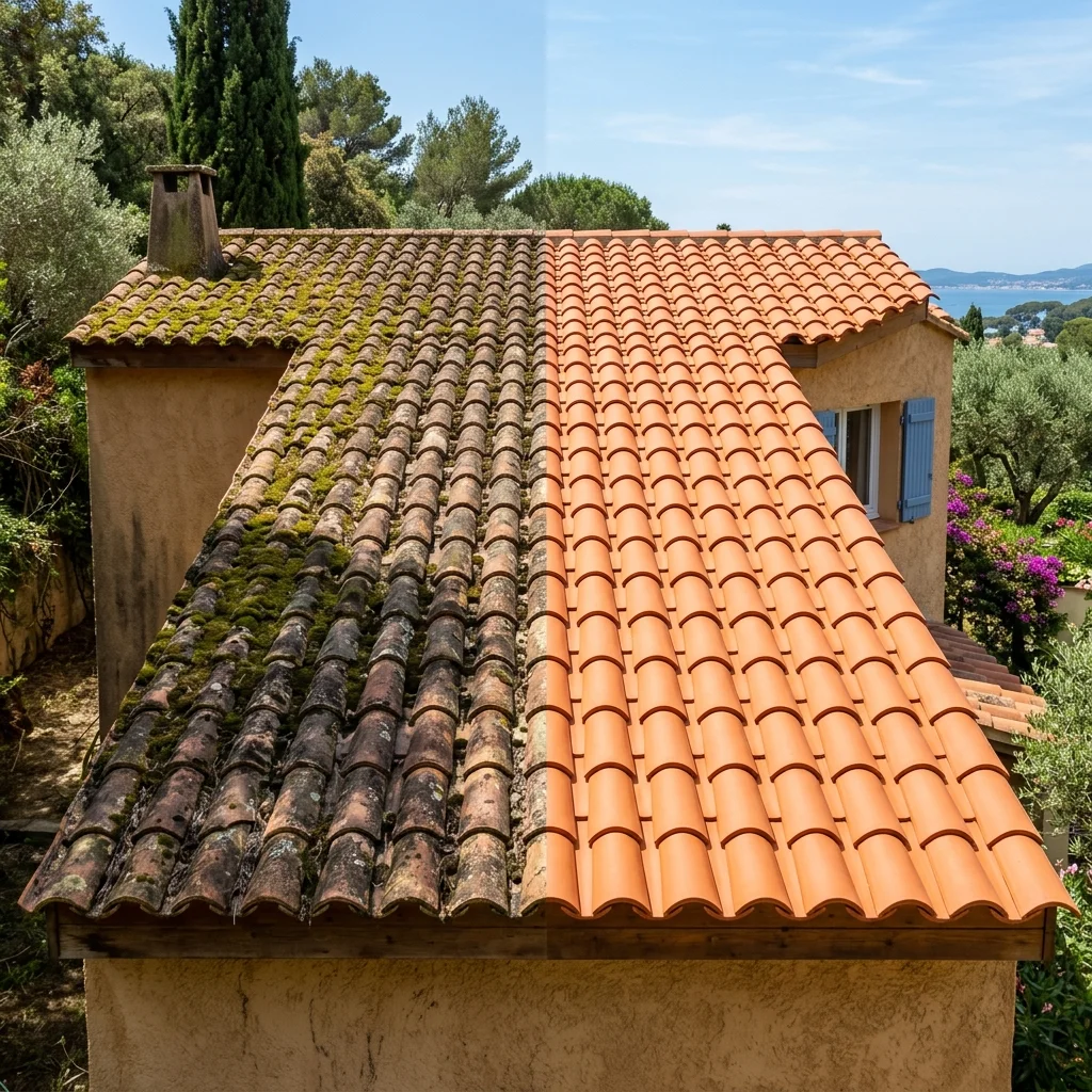 Comparaison avant et après nettoyage de toiture — mousse et lichens vs tuiles propres